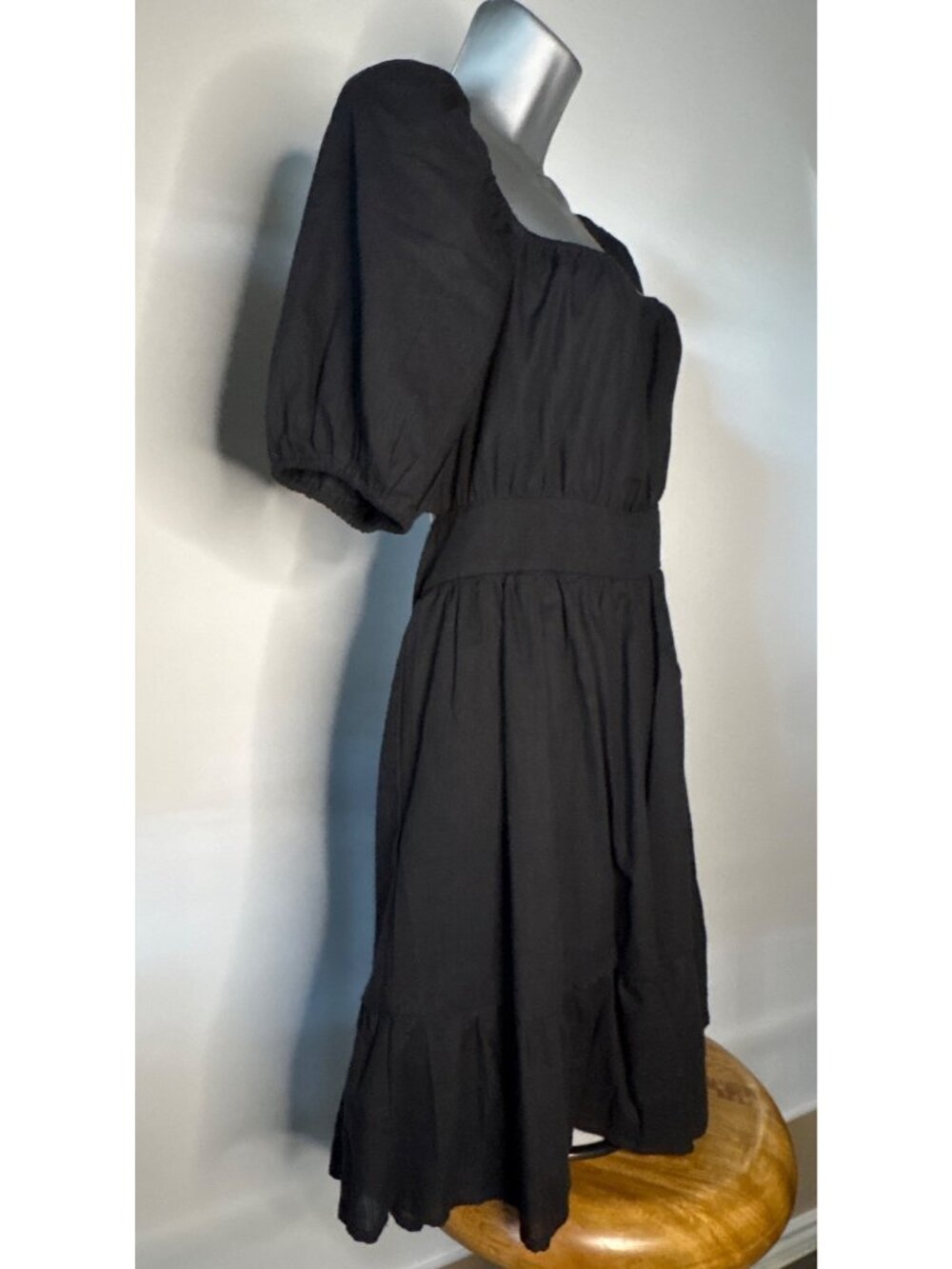 SHEIN Midi Black Backless Cut Out Puff Sleeve Tie Back Smocked Waist Ruffled Hem - Picture 3 of 16